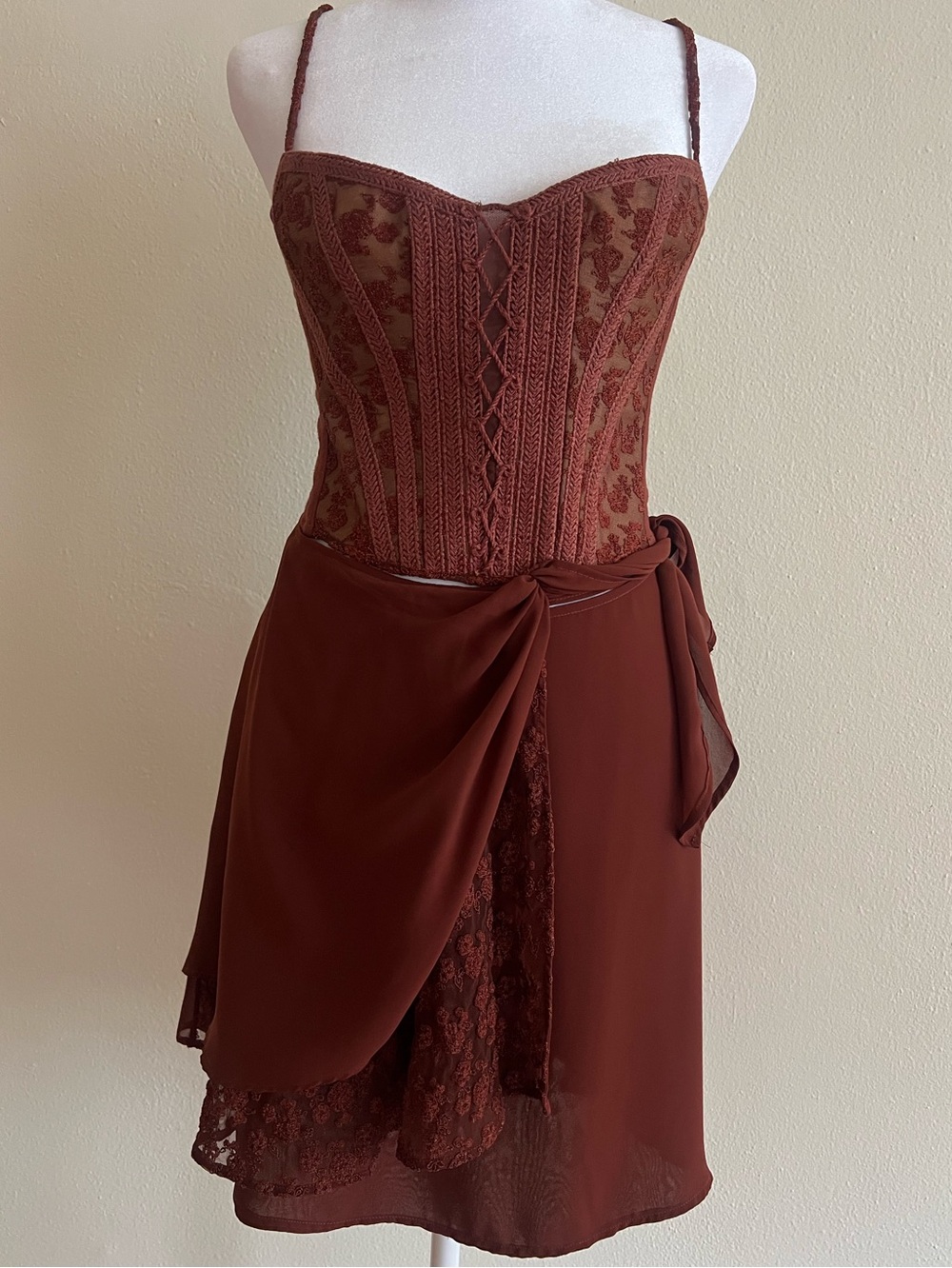 Ritmo di Perla Italy 2PC Set Brown Lace Corset Mini Skirt Size 42 Vintage